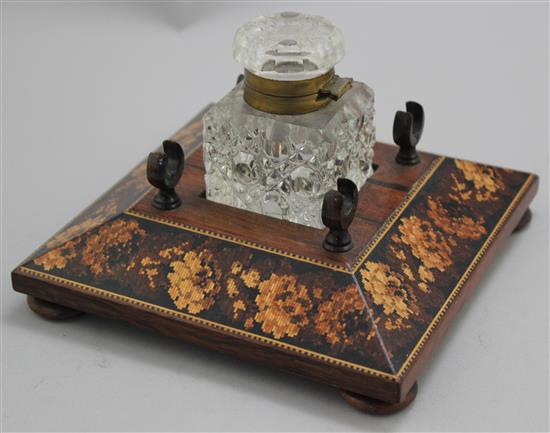 A Tunbridge ware rosewood flower mosaic banded inkstand, 6in.
